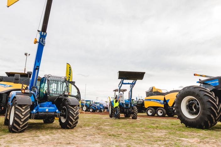 Three large pieces of farming machinery at the Dowerin Field Day